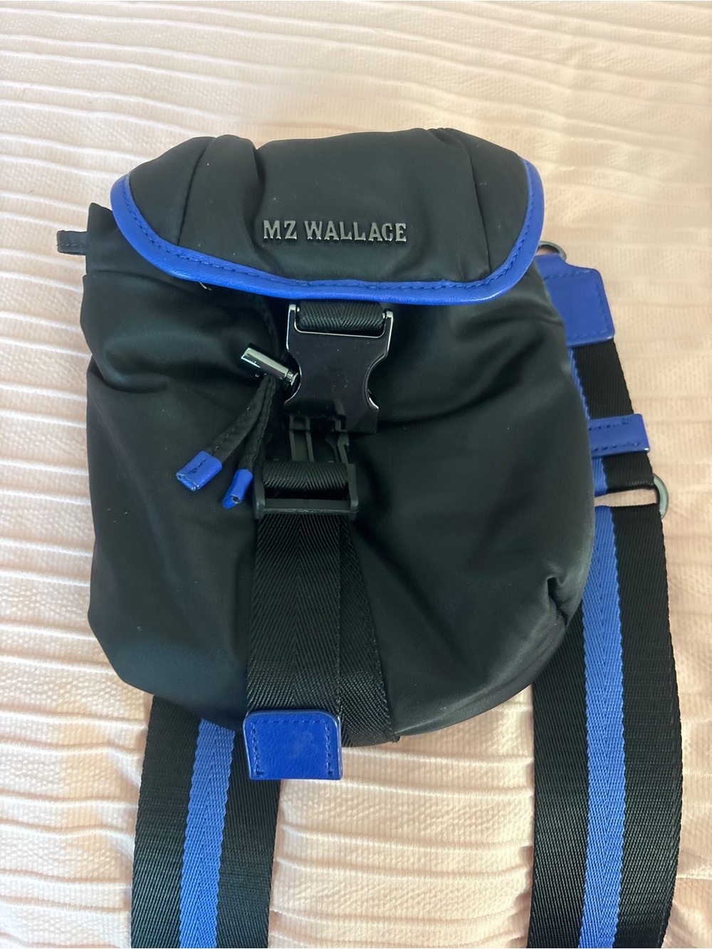 MZ Wallace Black Nylon Sling Backpack with Blue Trim